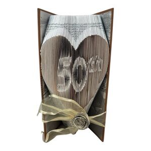 Folded Book Art 50th Wedding Anniversary Birthday Gift Heart Gold 50 Handmade
